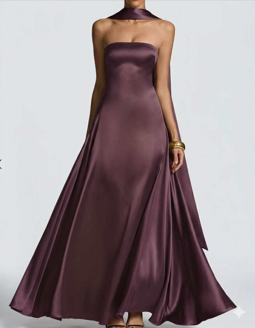 Amalfi Strapless Satin Maxi Dress with scarf in Purple