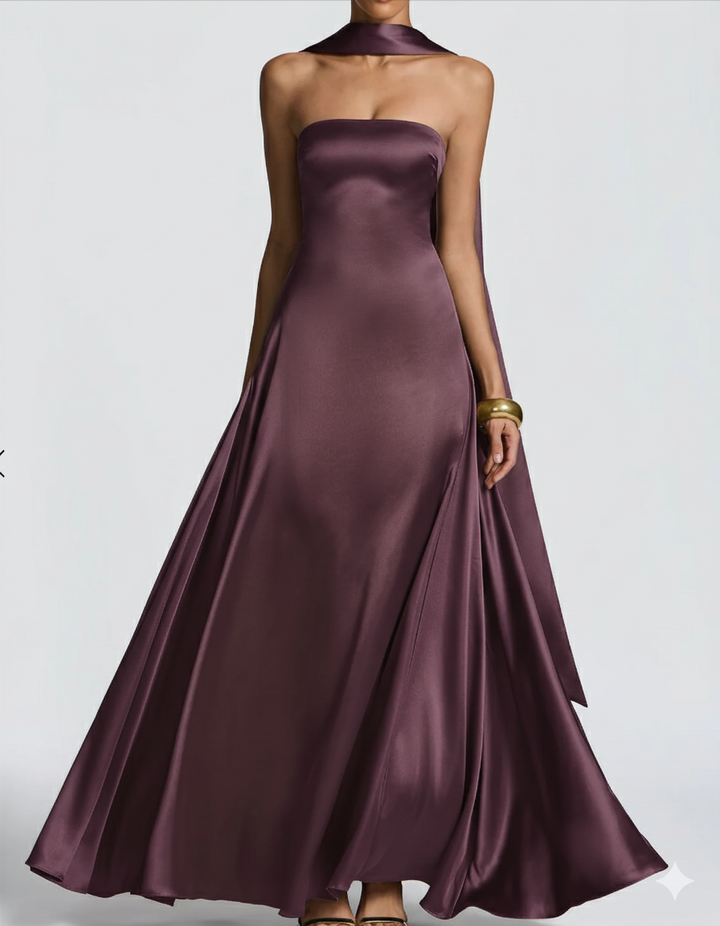 Amalfi Strapless Satin Maxi Dress with scarf in Purple