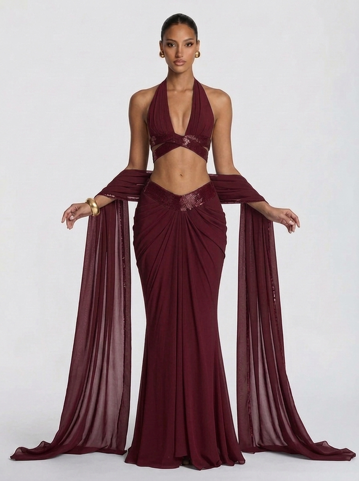 Aurevane Plunged Co-ord Maxi Dress in White
