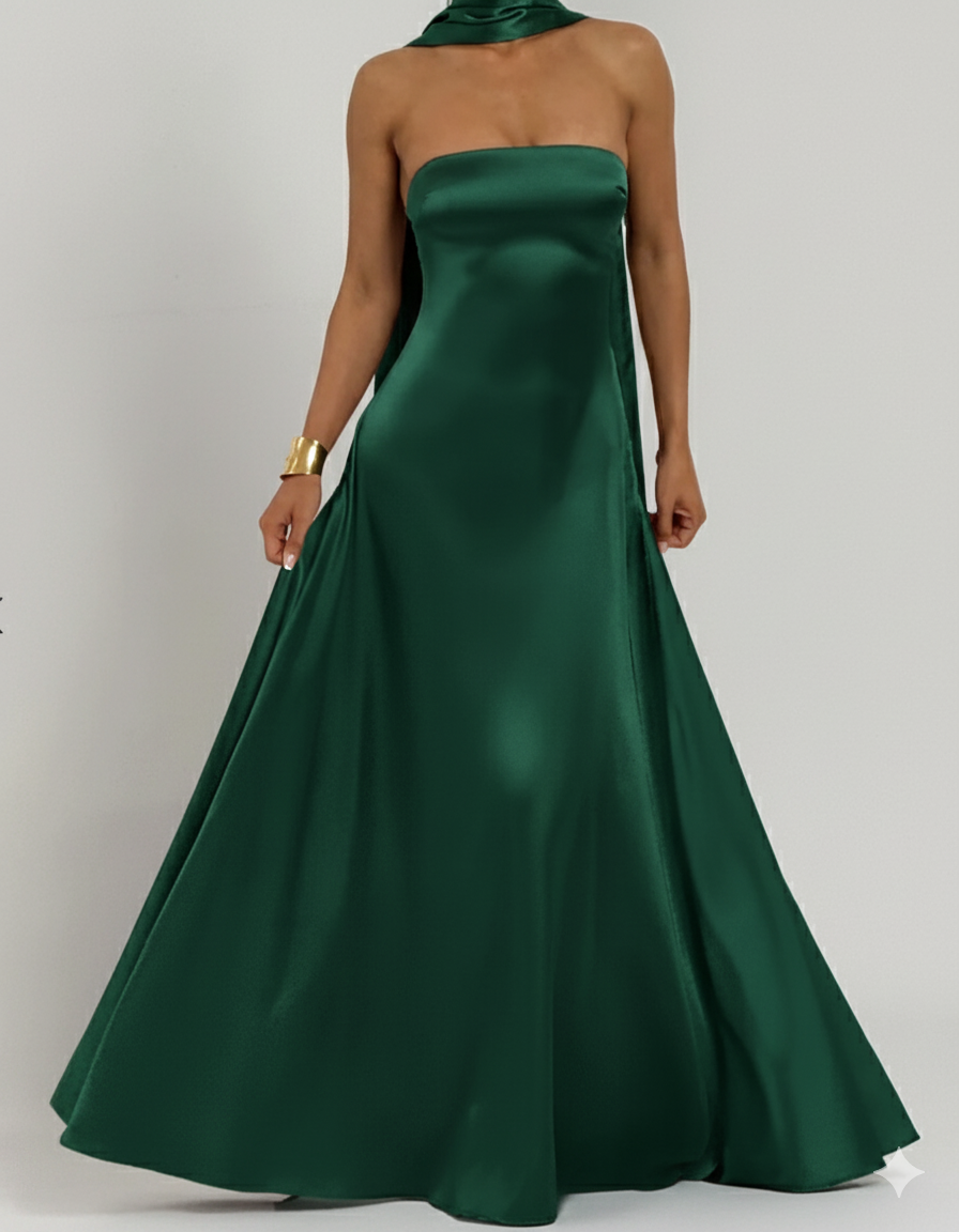 Amalfi Strapless Satin Maxi Dress with scarf in Purple