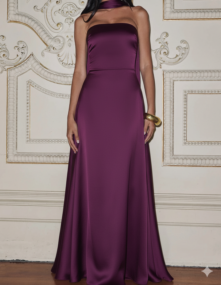 Amalfi Strapless Satin Maxi Dress with scarf in Purple