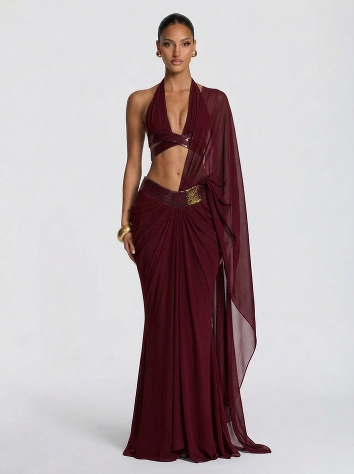 Aurevane Plunged Co-ord Maxi Dress in White