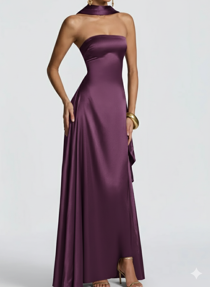 Amalfi Strapless Satin Maxi Dress with scarf in Purple