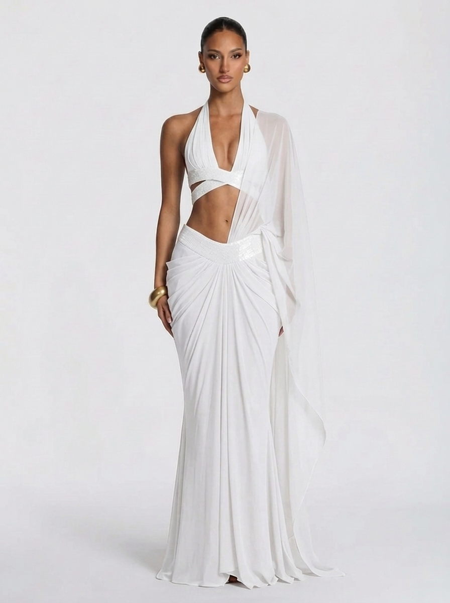 Aurevane Plunged Co-ord Maxi Dress in White