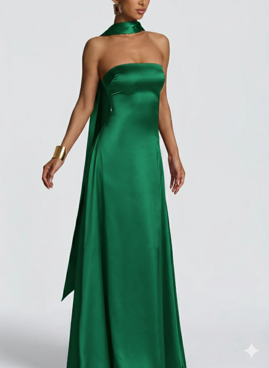 Amalfi Satin Strapless Maxi Dress with Scarf - Green OUTCAST Amalfi Satin Strapless Maxi Dress with Scarf - Green OUTCAST