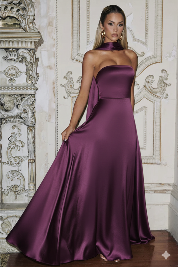 Amalfi Strapless Satin Maxi Dress with scarf in Purple