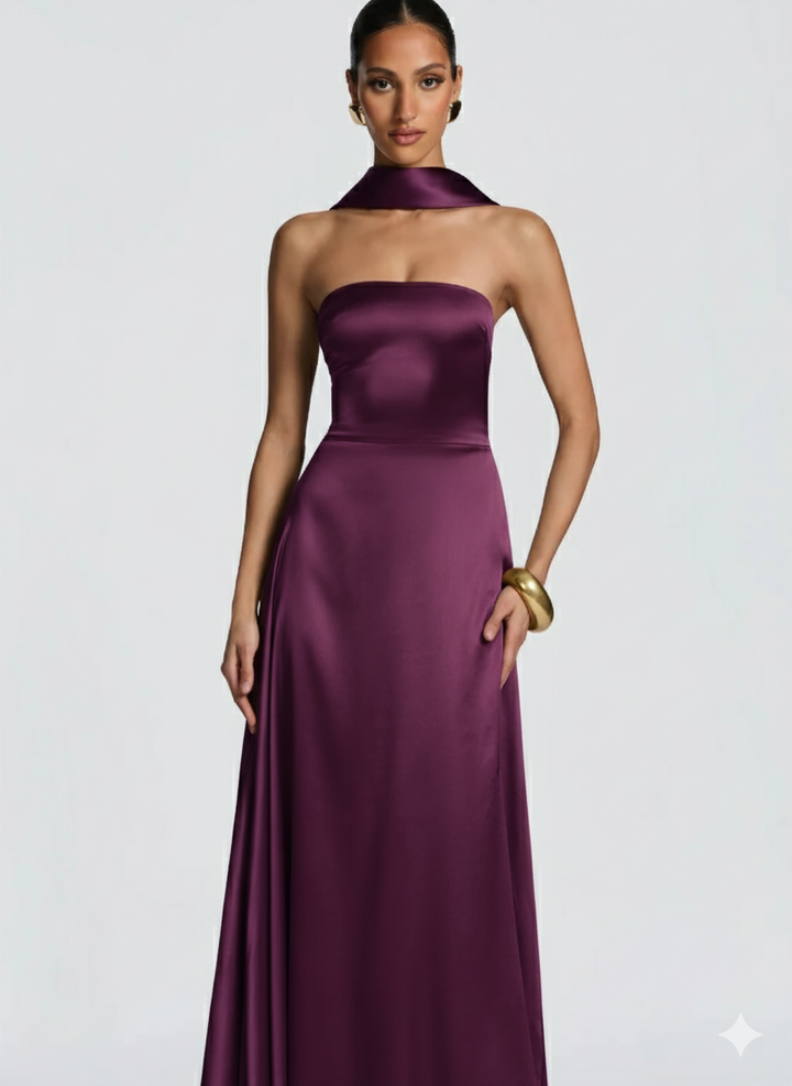 Amalfi Strapless Satin Maxi Dress with scarf in Purple