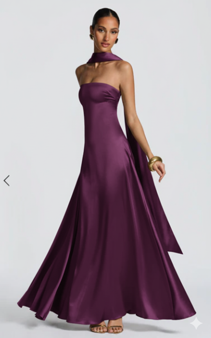 Amalfi Strapless Satin Maxi Dress with scarf in Purple