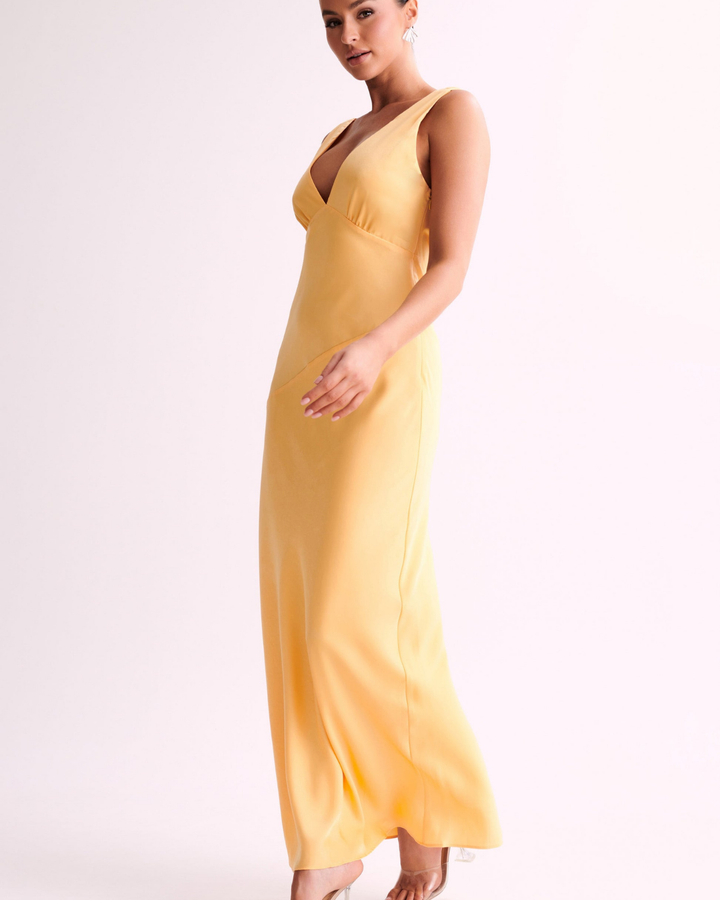 Raisa Maxi Satin Dress With Back Cowl in Lemon