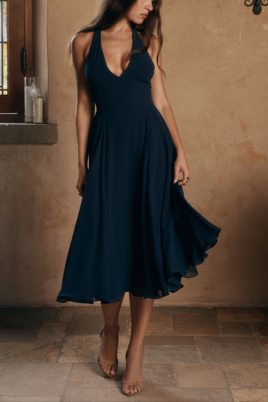 Rozaliya navy georgette halter midi dress OUTCAST Rozaliya navy georgette halter midi dress OUTCAST