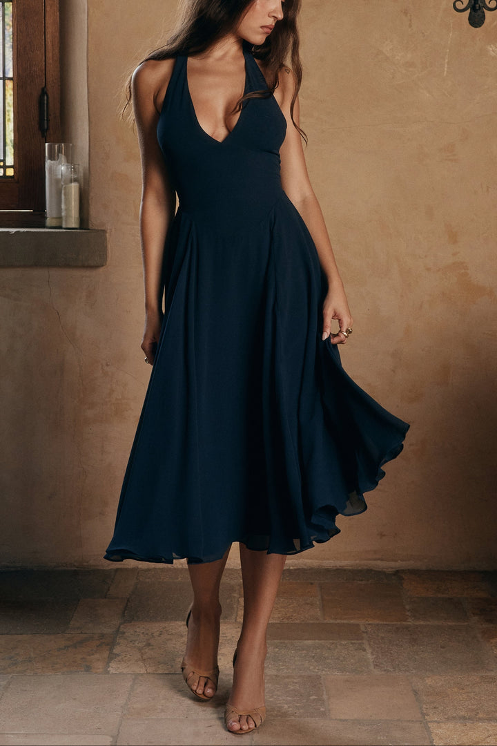 Rozaliya navy georgette halter midi dress
