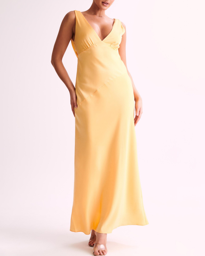 Raisa Maxi Satin Dress With Back Cowl in Lemon