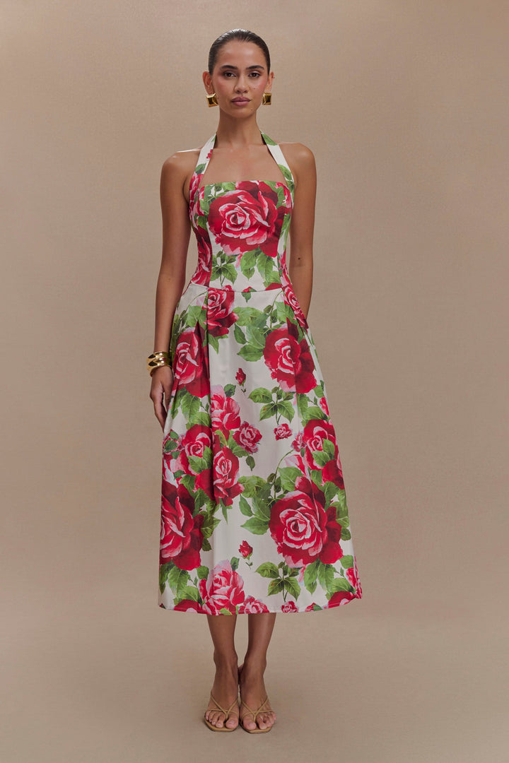 Aulivia Halter Midi Dress in Rose Print