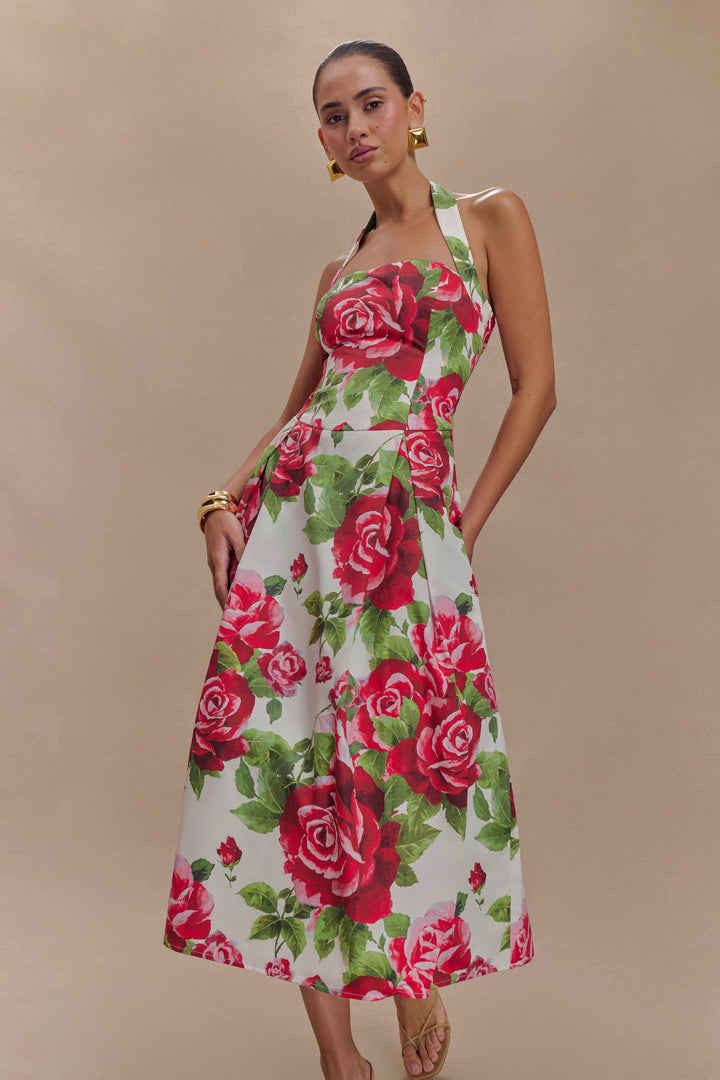 Aulivia Halter Midi Dress in Rose Print