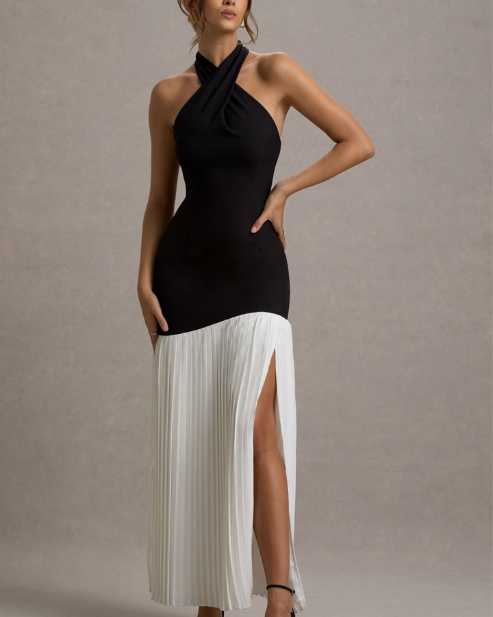 Cira Contrast Halter-Neck Maxi Dress With Plisse Skirt