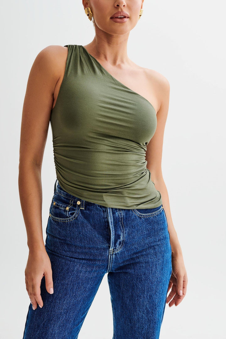 Soraya One Shoulder Asymmetric Top in Olive