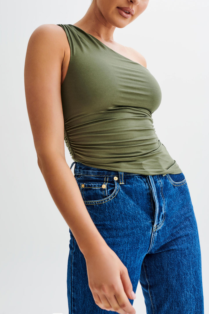 Soraya One Shoulder Asymmetric Top in Olive