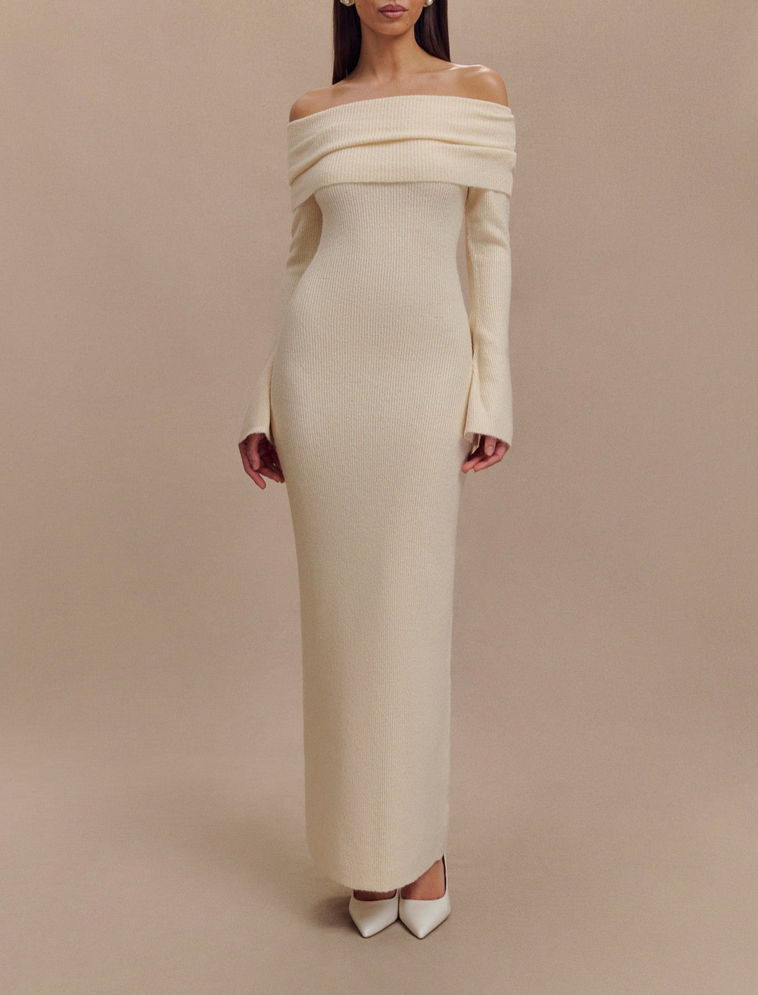 Yana Off Shoulder Knit Maxi Dress in Ivory OUTCAST Yana Off Shoulder Knit Maxi Dress in Ivory OUTCAST