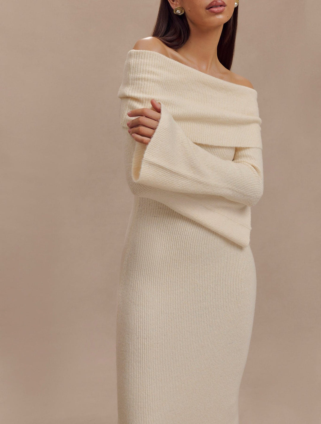 Yana Off Shoulder Knit Maxi Dress in Ivory OUTCAST Yana Off Shoulder Knit Maxi Dress in Ivory OUTCAST