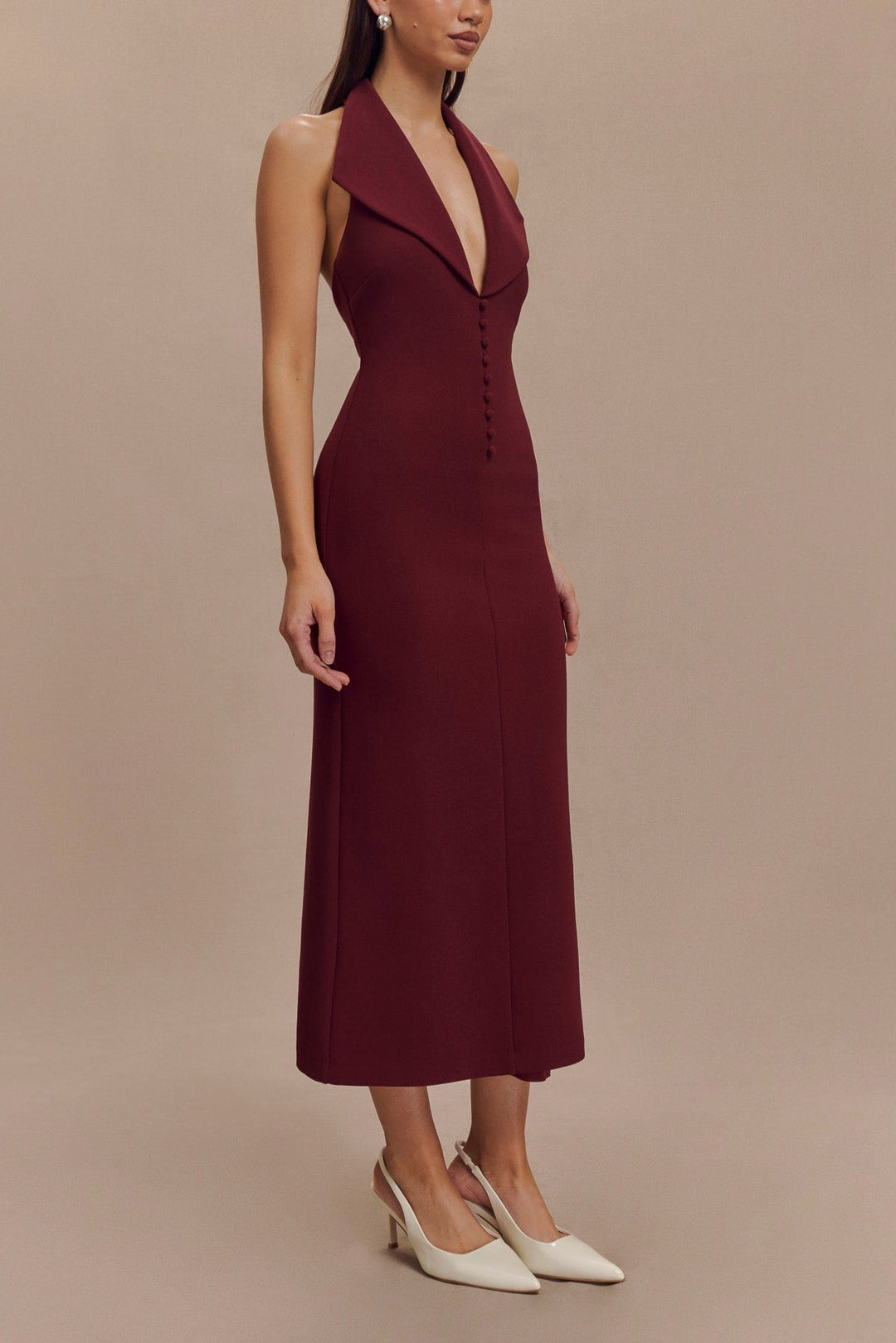 Keira Crepe Halter Midi Dress in Maroon