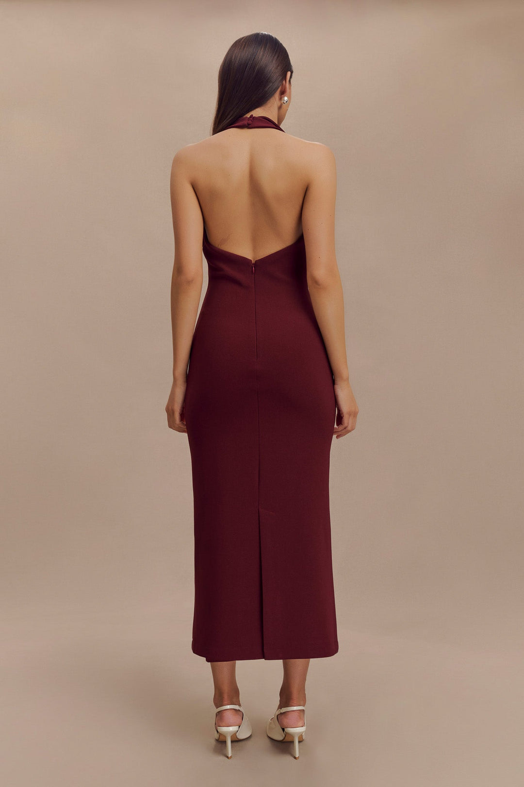 Keira Crepe Halter Midi Dress in Maroon