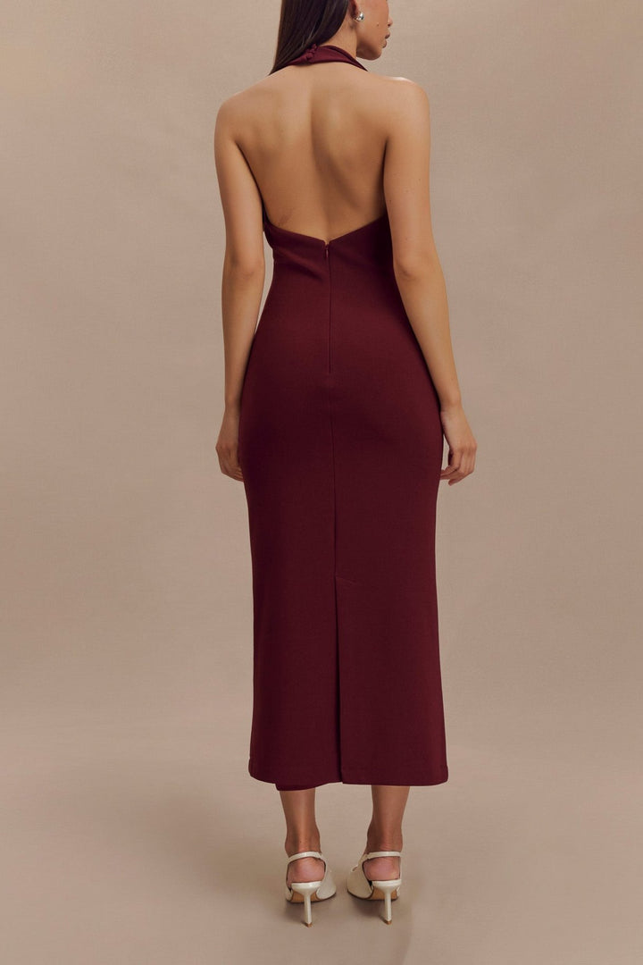 Keira Crepe Halter Midi Dress in Maroon