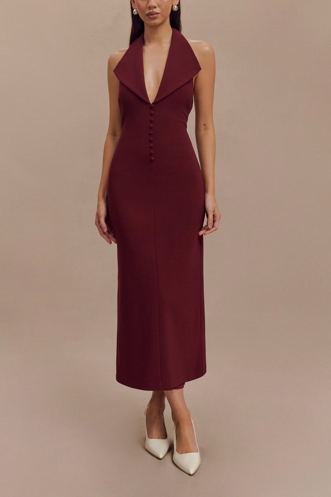 Keira Crepe Halter Midi Dress in Maroon