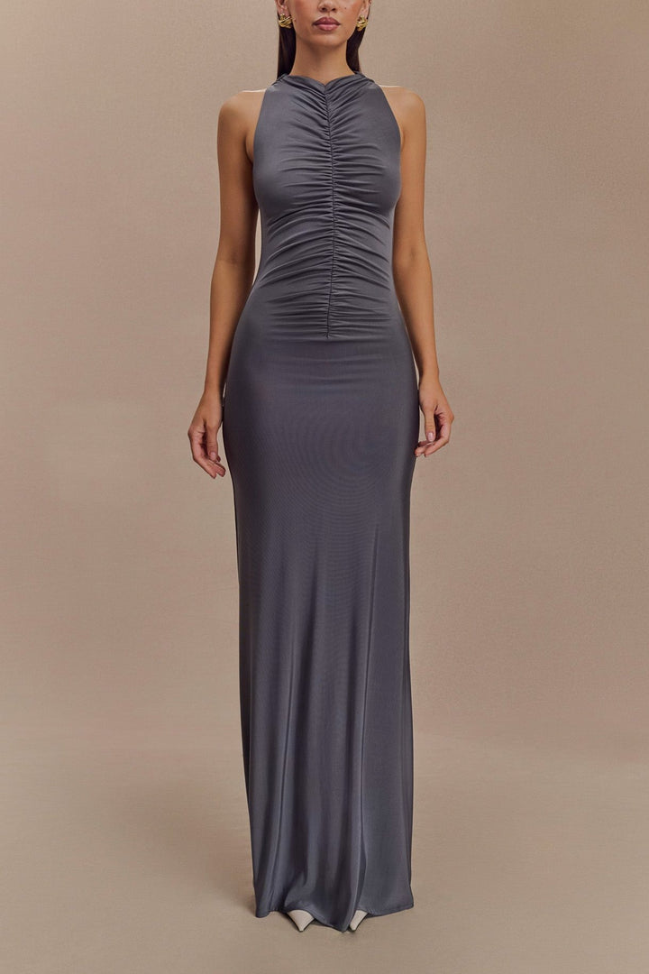 Anya Slinky Ruched Halter Maxi Dress in Charcoal