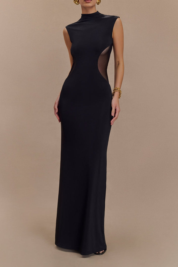 Taisia Slinky And Mesh Maxi Dress in Black