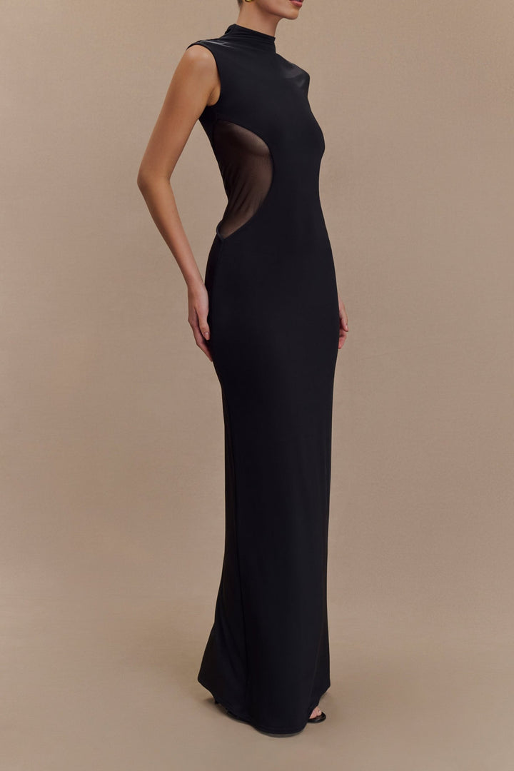 Taisia Slinky And Mesh Maxi Dress in Black