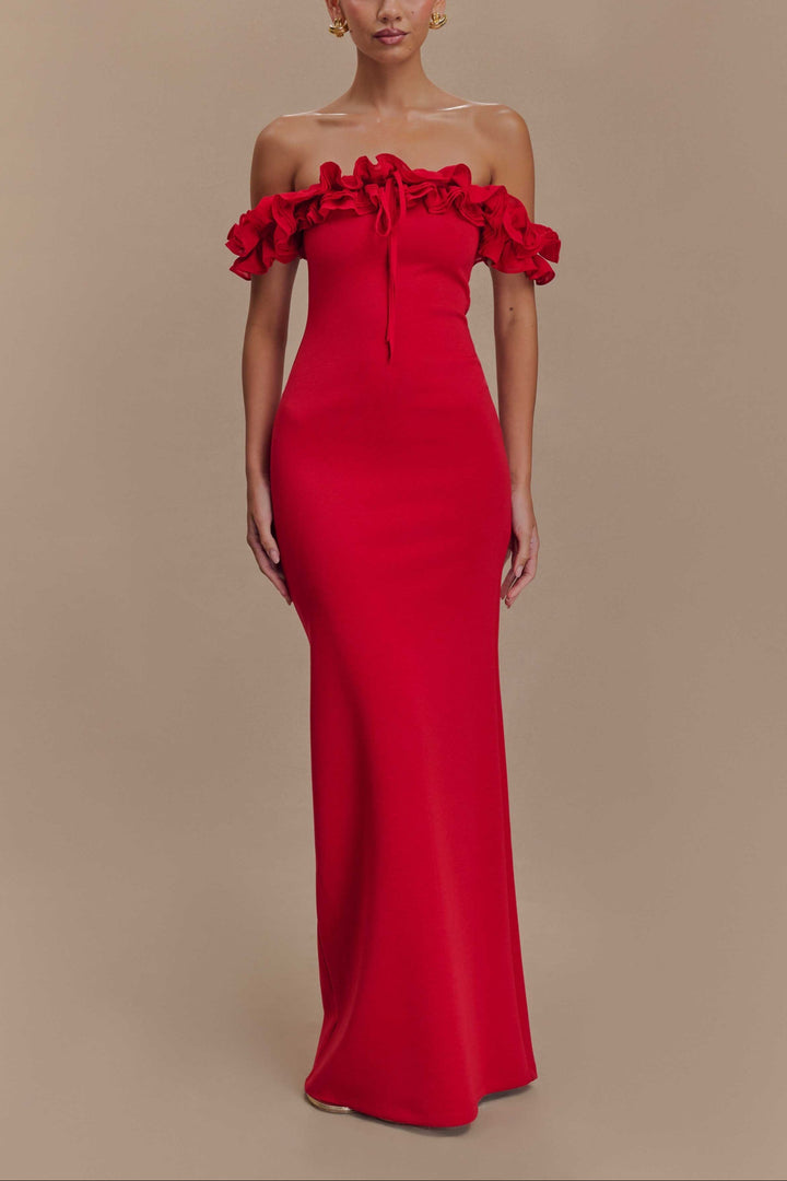 Masha Ruffle Off Shoulder Maxi Dress in Red