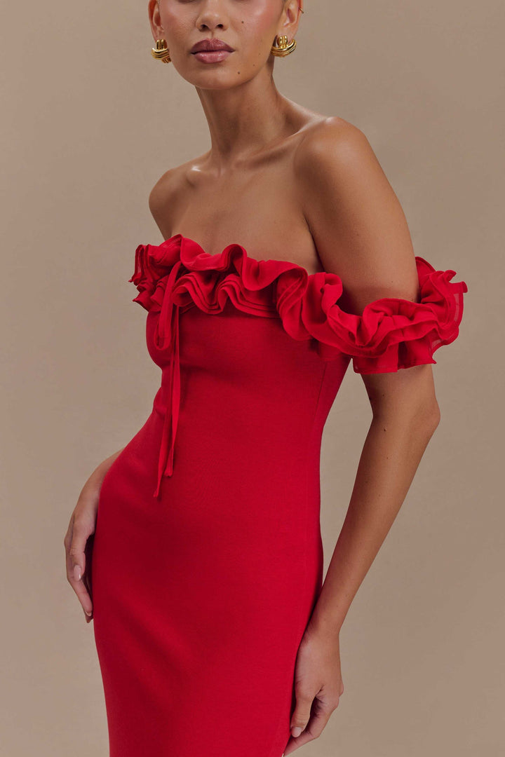 Masha Ruffle Off Shoulder Maxi Dress in Red