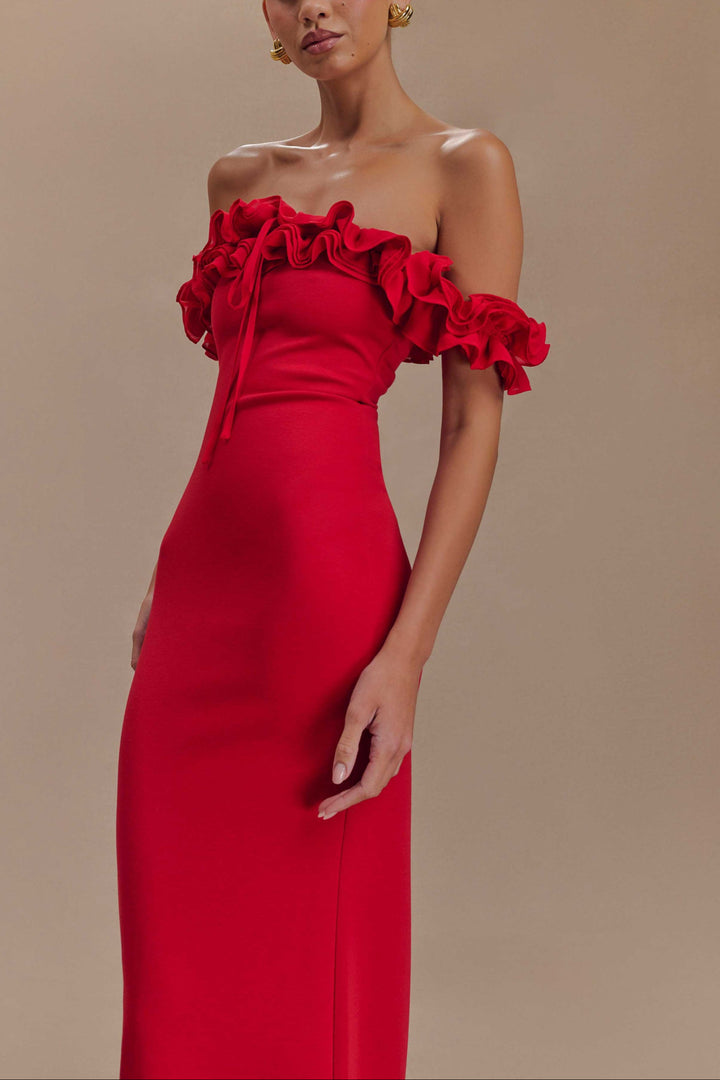 Masha Ruffle Off Shoulder Maxi Dress in Red