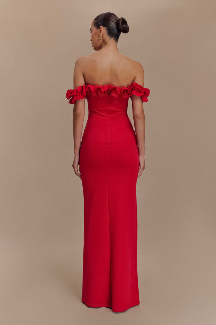 Masha Ruffle Off Shoulder Maxi Dress in Red
