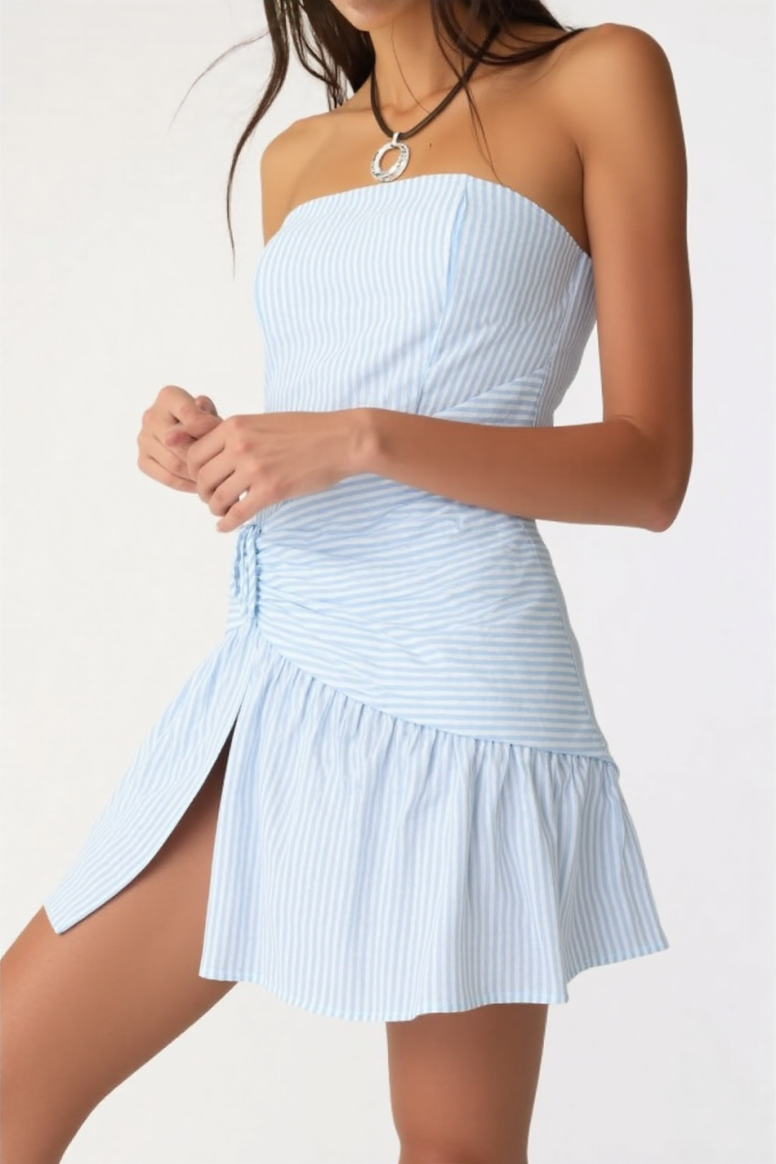 Monolith strapless stripe mini dress in blue