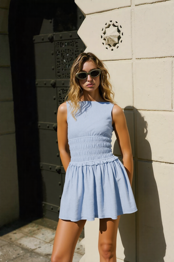 Ivy Shirred Dress in Blue