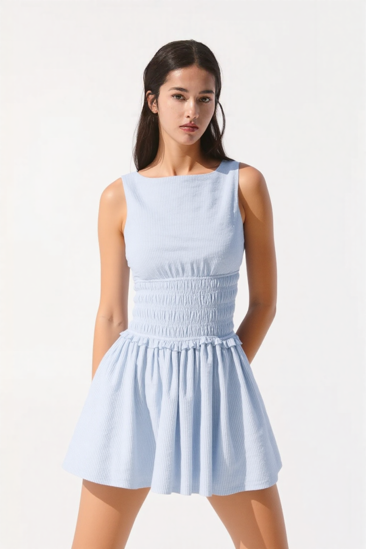 Ivy Shirred Dress in Blue