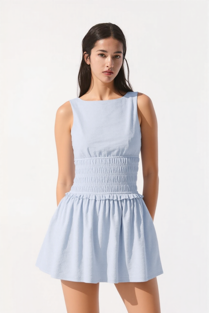 Ivy Shirred Dress in Blue
