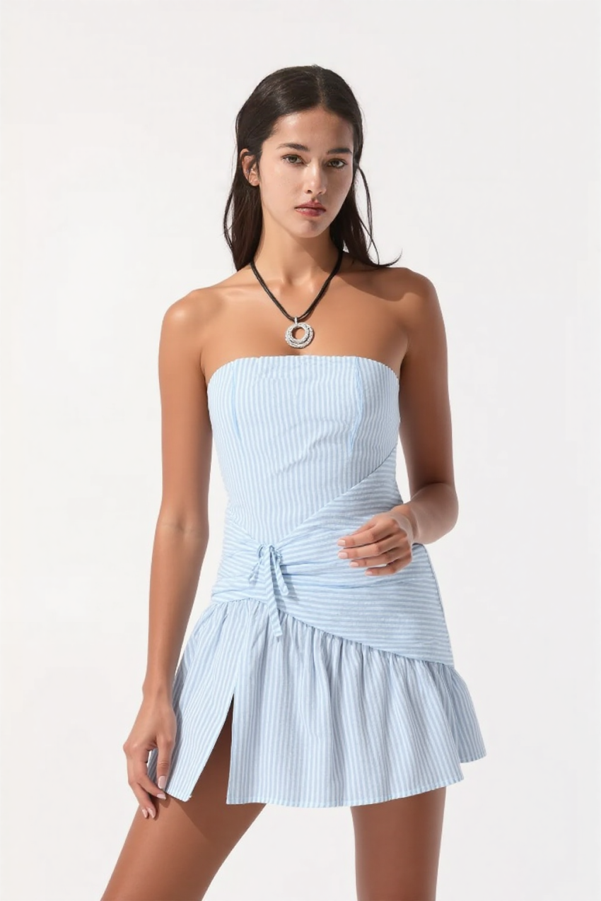 Monolith strapless stripe mini dress in blue