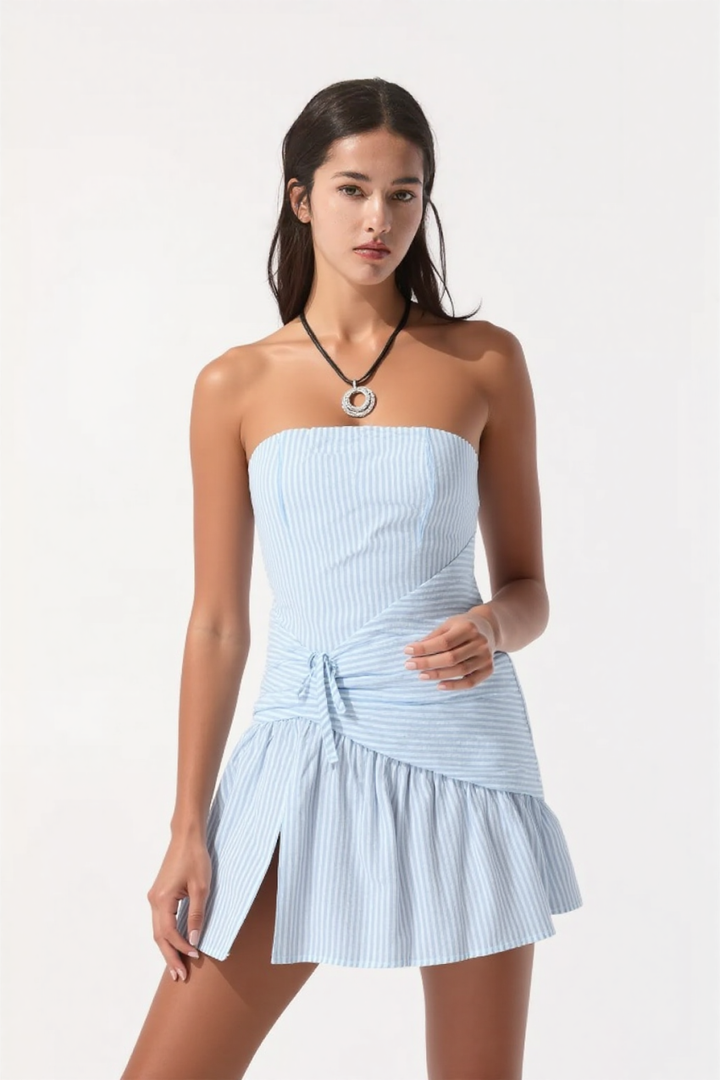 Monolith strapless stripe mini dress in blue