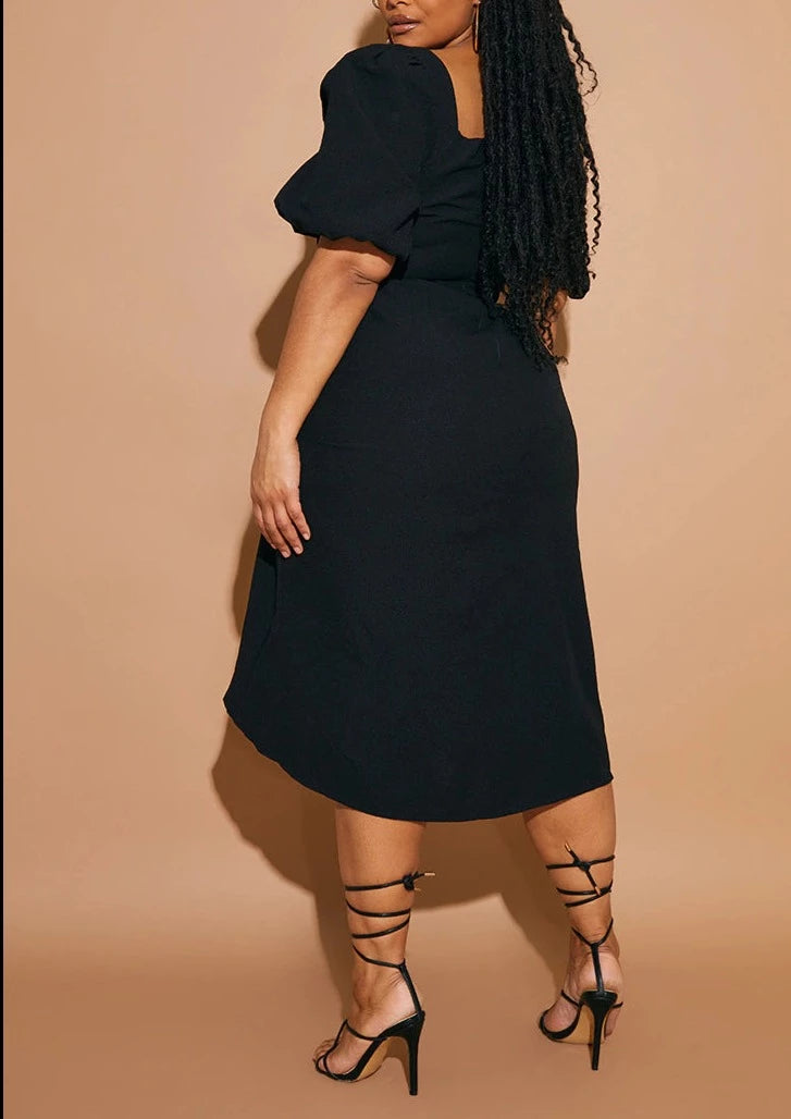 puff sleeve ruched side split midi dress Square Neck Puff Sleeve Ruched Bust Midi Dress, White / XS