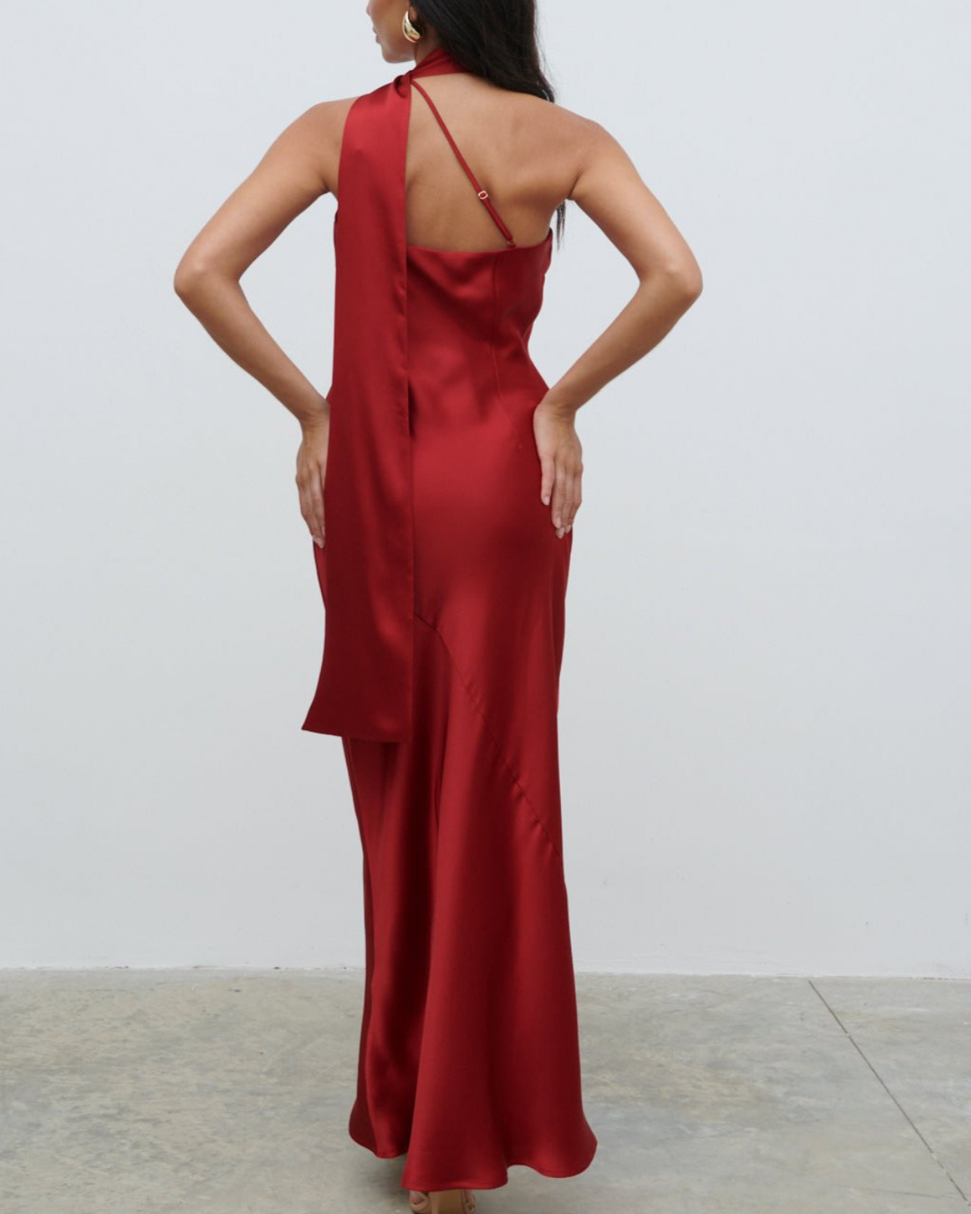 Teresa One Shoulder Satin Maxi Dress in Red