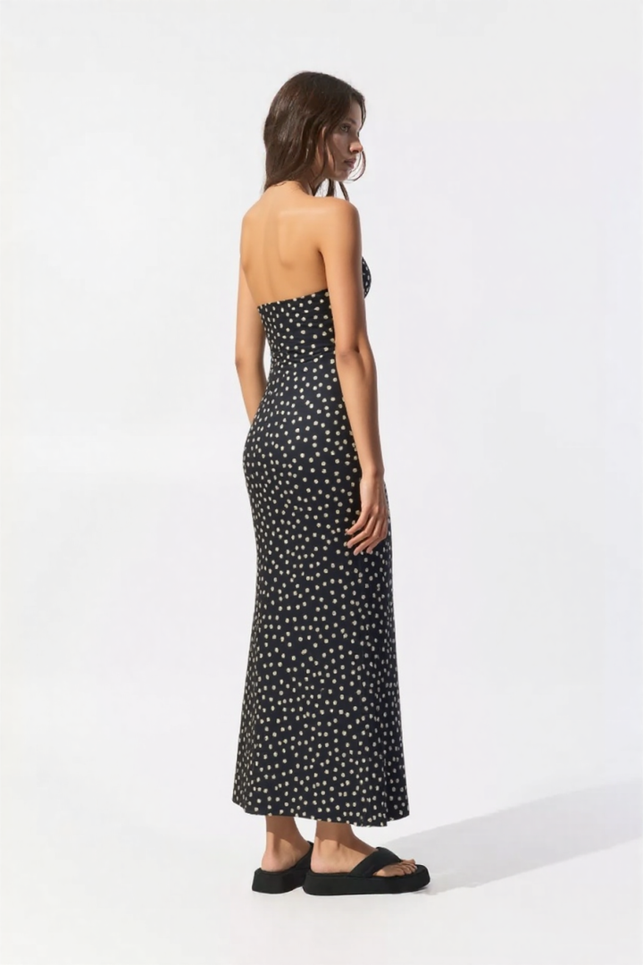 Denya Strapless Maxi Dress in Black Polka Dot Print
