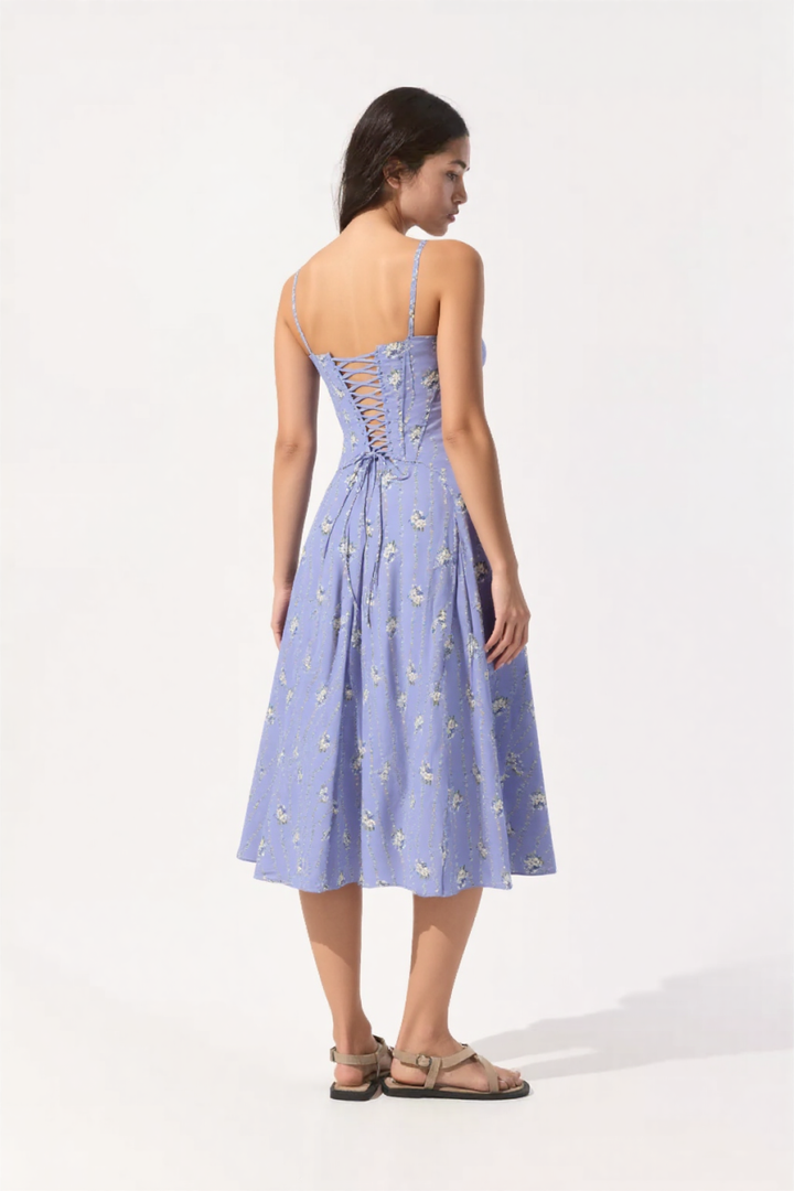 Lilou Blue Daisy Print Midi Sundress in Blue