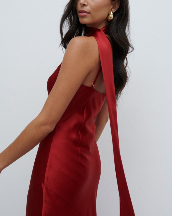 Teresa One Shoulder Satin Maxi Dress in Red