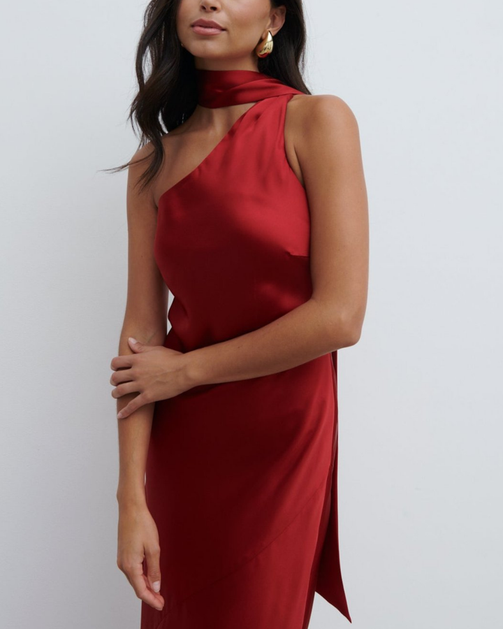 Teresa One Shoulder Satin Maxi Dress in Red