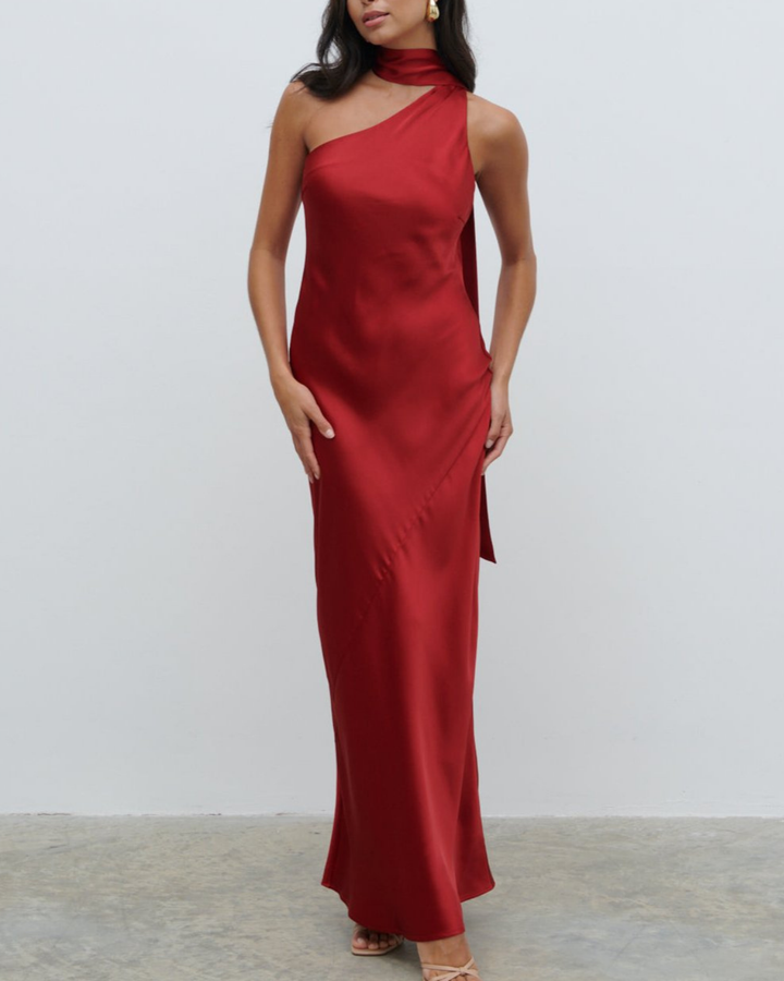 Teresa One Shoulder Satin Maxi Dress in Red