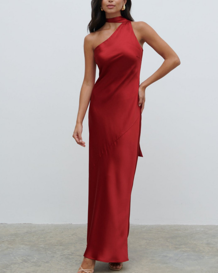 Teresa One Shoulder Satin Maxi Dress in Red