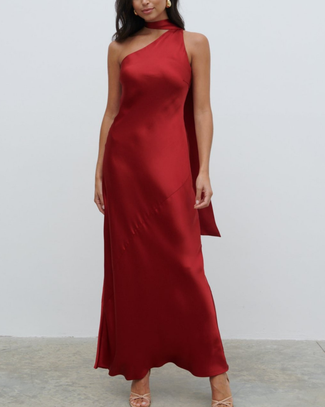 Teresa One Shoulder Satin Maxi Dress in Red