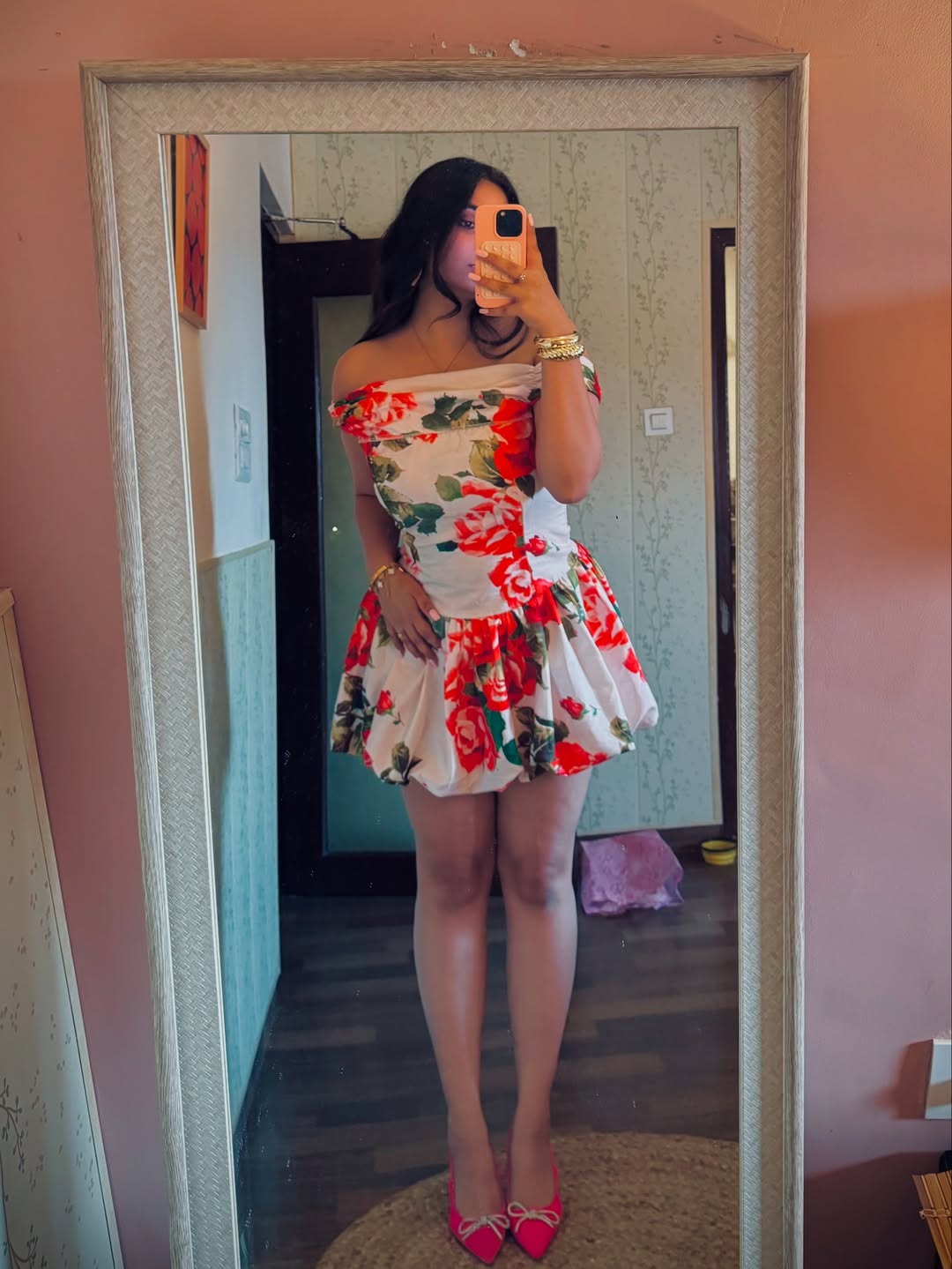 Solmere Off Shoulder Mini Dress in Rose Print